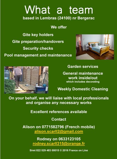 What a Team,Lembras,24100,Bergerac,Dordogne,gite key holders,gite preparation,handovers,security check,pool management,maintenance,garden services,general maintenance,decorating,weekly domestic cleaning,English