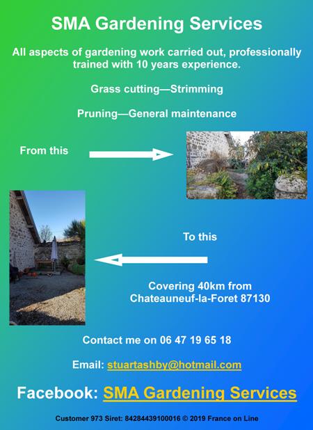 SMA Gardening Servies,Limousin,Chateauneuf la Foret,87130,Haute Vienne,gardening service,grass cutting,mowing,strimming,pruning,general maintenance