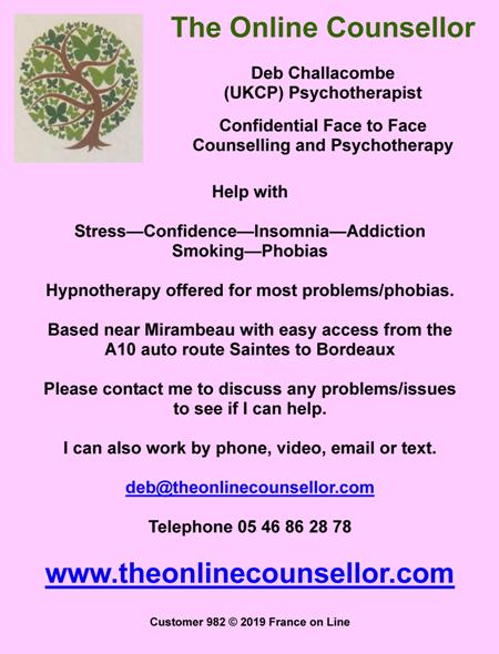 The Online Counsellor,Deb Challacombe,UKCP,Psychotherapist,face to face counselling,psychotherapy,stress,confidence,insomnia,addiction,stop smoking,phobias,hypnotherapy,Mirambeau