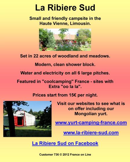 La Ribiere Sud,Haute Vienne,Limousin,small campsite,woodland,meadows,shower block,water,electric,mongolian yurt