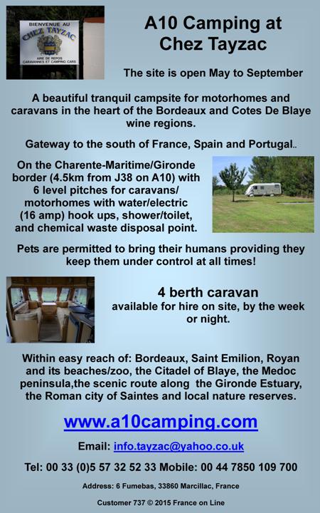 A10 Camping,Chez Tayzac,aire naturelle,de repos,campsite,Bordeaux,Cotes de Blaye,wine region,Gironde,Aquitaine,Poitou Charente,Charente Maritime,A10,caravan site,motor home stop over,pets permitted,water,electric,level pitches,Medoc,Royan,Saint Emilion,Saintes