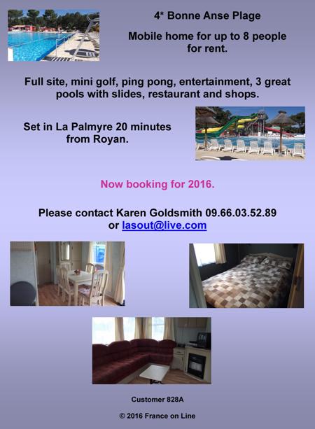 Bonne Anse Plage,mobile home,8 people,for rent,La Palmyre,Royan,Charente Maritime,mini golf,ping pong,entertainment,swimming pools,restaurant,shops,self catering holiday