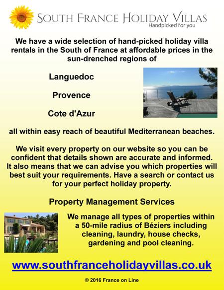 South France holiday villas,holiday villa rentals,south of France,Languedoc,Provence,Cote d'Azur,Mediterranean beaches,property management services,Beziers