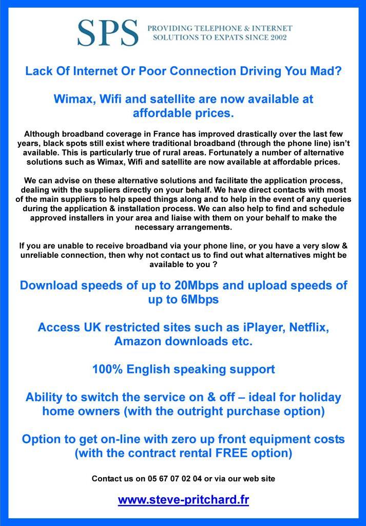 SPS Wimax, Wifi and satellite internet and telephone, telephone and internet solutions, English support
