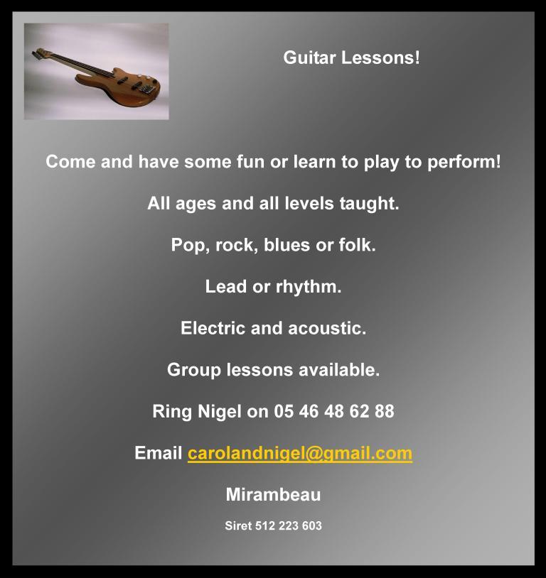 Guitar lessons, pop, rock, blues, folk, electric, acoustic, lead, rhythm, Mirambeau, Jonzac, Charente Maritime