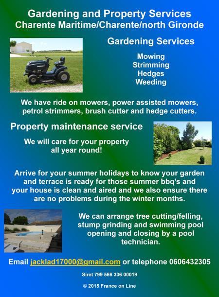 Gardening and property services,Charente Maritime,Charente,north Gironde,mowing,strimming,hedges,weeding,bruch cutting,tree felling,stump grinding,swimming pool maintenance,property care,security checks,cleaning