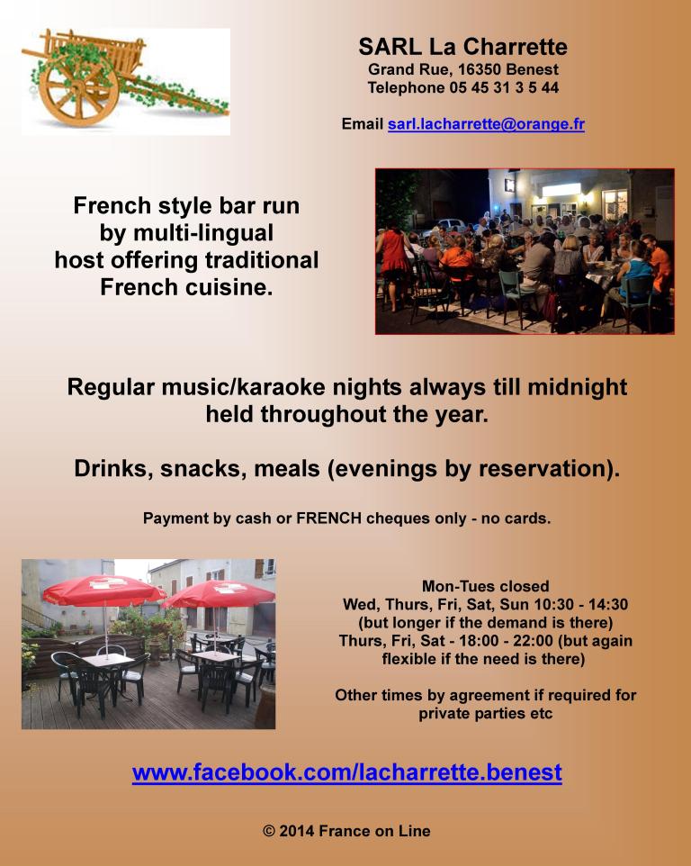 SARL La Charrette,Benest,16350,Poitou Charente,French style bar,English bar,French cooking,music,karaoke,drinks,snacks,meals