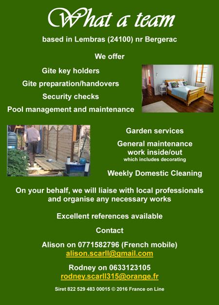 Lembras,24100,Bergerac,Dordogne,gite key holders,gite preparation,handovers,security check,pool management,maintenance,garden services,general maintenance,decorating,weekly domestic cleaning,English