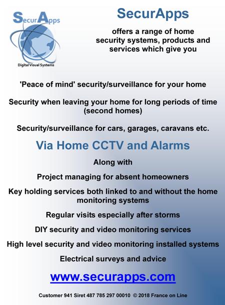 Secur Apps,Dordogne,home security systems,products,services,security surveillance,Home CCTV,Alarams,project management,key holding services,home monitoring systems,home visits,diy security and video monitoring services,high level security and video monitoring installed systems,electrical surveys and advice