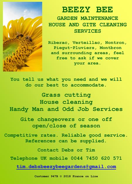 Beezy Bee,garden maintenance,house cleaning,gite cleaning,Riberac,Verteillac,Nontron,Piegut-Pluviers,Montbron,grass cutting,mowing,house cleaner,pet sitting,house sitting,gite changeover,Dordogne,Charente