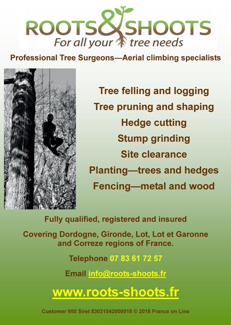 Roots and Shoots,tree needs,professional tree surgeons,aerial climbing specialists,tree felling,logging,tree pruning,shaping,hedge cutting,stump grinding,site clearance,planting,trees and hedges,fencing,metal and wood,Dordogne,Gironde,Lot,Lot et Garonne,Correze,Limousin