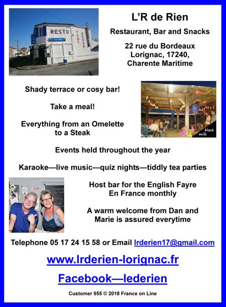 L R De Rien,Lorignac,17240,Charente Maritime,English bar,English spoken,terrace,bar,meals,restaurant,snacks,live music,karaoke,quiz nights,tea parties,English Fayre en France