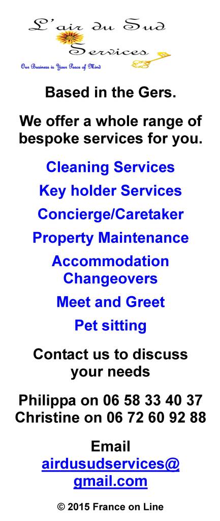 L'air du Sud Services,Gers,France,cleaning services,keyholding services,concuerge,caretaker,general maintenance,full spring cleaning,gite changeovers,mail retrieval,meet and greet,property management,dog sitting,cat sitting