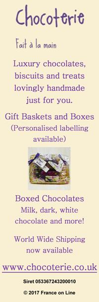 Chocoterie,luxury chocolates,biscuits,treats,handmade,gift baskets,gift boxes,personalised labelling,boxes of chocolates,milk,dark,white,world wide shipping,Dordogne,France