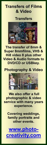 Photocreactivity 17,film and video transfer,old films,old videos,transfer facilities,audio,cd,dvd,films 8mm,vhs,vinyls 33 45,35 mm slides to cd,video and photographic production,sony hdv professional video equipment,lights,sound equipment,wired,wireless,small concerts,conferences,weddings,websites
