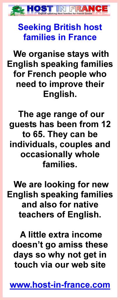 Host in France - seeking British host families in France to teach English to French people
