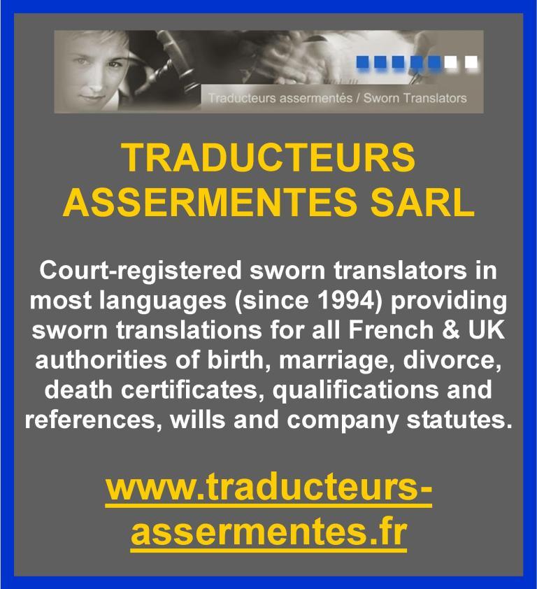 Traducteurs Assermentes SARL court registered sworn translators for French and UK authorities, birth, marriage, divorce, death certificates, qualifications and references, wills and company statutes
