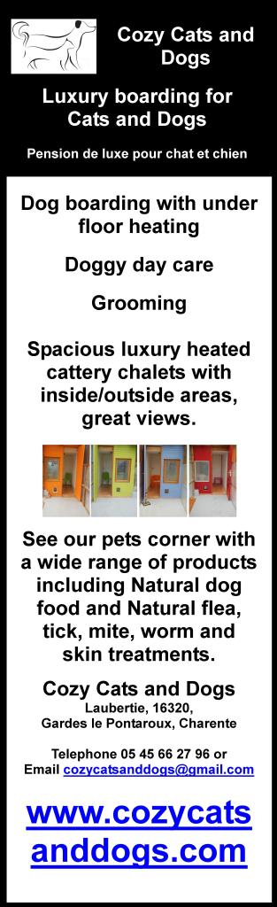 Cozy Cats and Dogs,luxury boarding for cats and dogs,pension de luxe pour chat et chien,kennels,under floor heating,dog day care,grooming,English speaking,heated cattery,chalets,pets corner,natural dog food,flea,tick,mite,worm,skin,treatments
