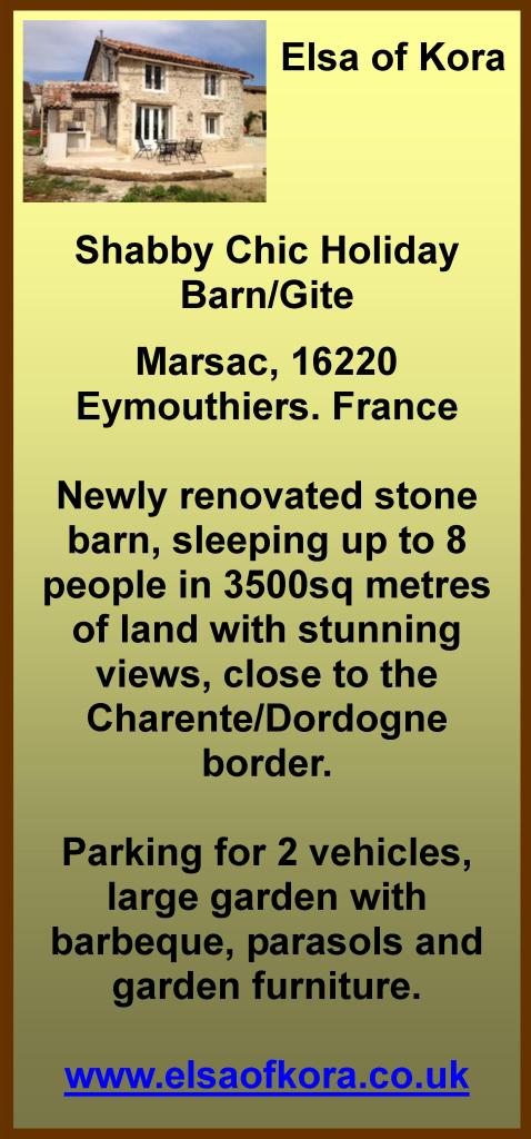 Elsa of Kora,shabby chic,barn,gite,Marsac,16220,Eymouthiers,France,sleeping 8,Les Gorges du Chambon,Charente,Dordogneborder,Montbron