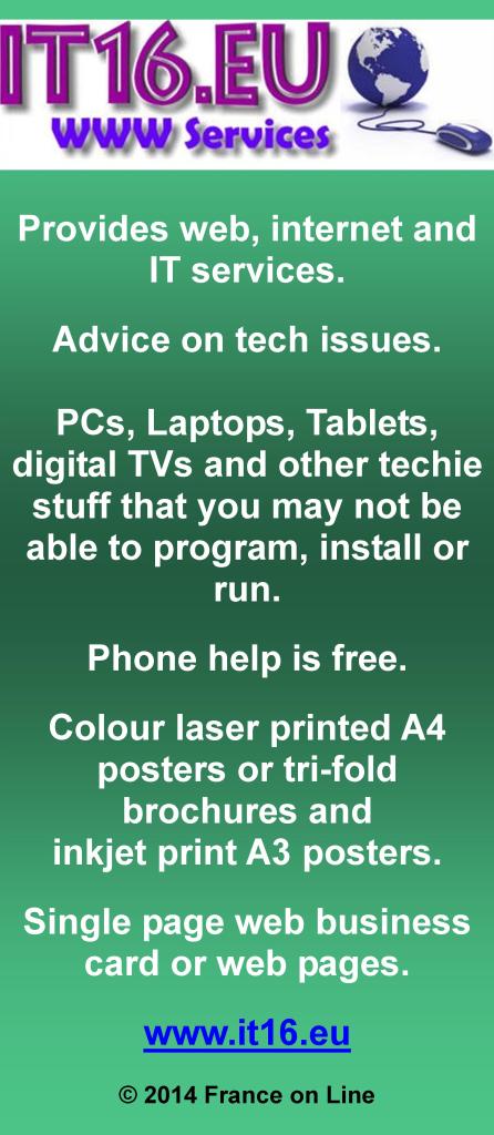 IT 16,web,internet,IT services,gadget problems,advice,PCs,laptops,tablets,digital tvs,colour laser printed A4 posters,tri fold brochures,inket print A3 posters,web sites