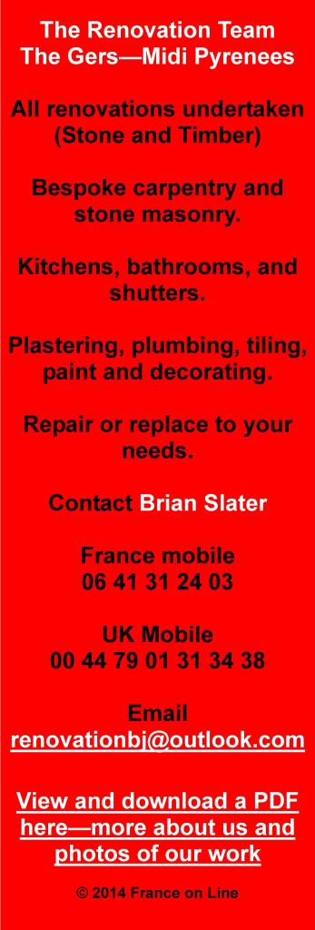 The Renovation Team,department 32,Gers,Midi Pyrenees,renovations,stone,timber,carpentry,stone masonry,kitchens,bathrooms,shutters,plastering,plumbing,tiling,painting,decorating