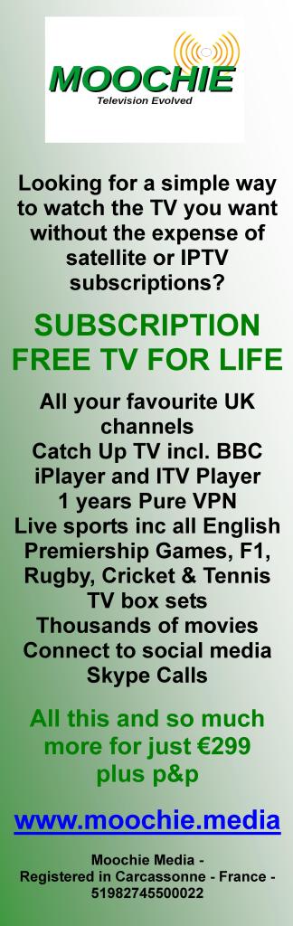 Moochie Media,watch English TV free,watch UK tv,subscription free tv,no dish,no computer,sky tv,iptv,UK channels,BBC iPlayer,ITV player,VPN,live sports,English premiership football,FR,rugby,cricket,tennis,tv box sets,movies,hd tv,3d tv,skype