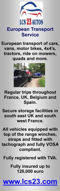 LCS 23 Autos,vehicle sales,left hand drive,right hand drive,car and van sales,French registered,part exchange,european transport service,transport of cars,vans,motor bikes,4x4's,tracotrs,ride on mowers,quads,insured,trips,France,UK,Belgium,Spain,Limousin,Dordogne,Charente