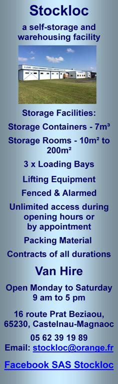 Stockloc,self storage,warehousing,Castelnau-Magnoac,Midi Pyrenees,secure storage,professional storage,personal,business,furniture,stock,logistics,storage containers,storage rooms,loading bays,lifting equipment,fenced,alarmed,packing material,van hire