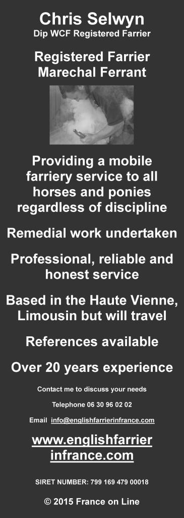 Chris Selwyn,English farrier in France,English blacksmith in France,Marechal Ferrant,mobile farriery service,horses,ponies,remedial work,Haute Vienne,Limousin,horse and pony shoeing