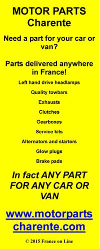 Motor Parts Charente,parts for cars and vans,left hand drive headlamps,towbars,exhausts,clutches,gearboxes,service kits,alternators,starters,glow plugs,brake pads,tyres,delivery throughout France,English car parts,British car parts