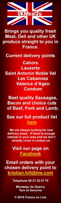 UK meat 2 u,fresh meat,deli,UK produce delivered in France,Cahors,Lauzerte,Saint Antonin Noble Val,Les Cabannes,Valence d'Agen,Condom,sausages,bacon,beef,pork,lamb,Montaigu de Quercy,Tarn et Garonne