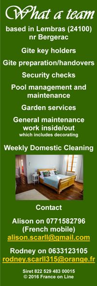 Lembras,24100,Bergerac,Dordogne,gite key holders,gite preparation,handovers,security check,pool management,maintenance,garden services,general maintenance,decorating,weekly domestic cleaning,English
