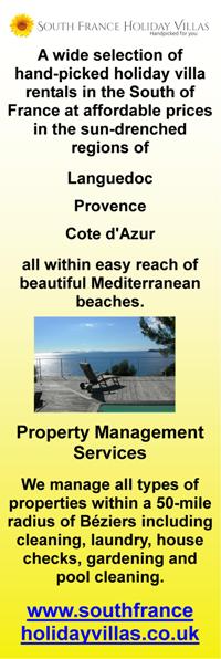 South France holiday villas,holiday villa rentals,south of France,Languedoc,Provence,Cote d'Azur,Mediterranean beaches,property management services,Beziers