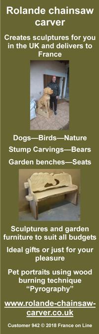 Rolande,Chainsaw Carver,Charente Maritime,France,sculptures in wood,dogs,birds,nature,stump carvings,bears,garden benches,seats,garden furniture,gifts,pet portraits,wood burning,pyrography