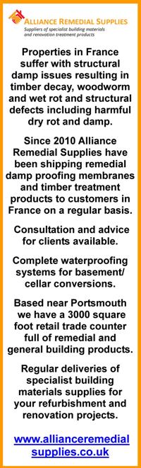 Alliance Remedial Supplies,Portsmouth,France,damp proofing systems,waterproofing systems,tanking,grout systems,sumps,pumps,floor membranes,roof membranes,surface treatments,mould,condensation,ventilaton,brick repairs,timber treatments,ducting,building products,ecogrid,drainage,training courses,delivered to France,from UK,British,English,dry rot,damp from the ground,shipping to France,renovation products