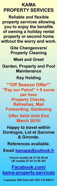 Kama Property Services,property services English,holiday rental property,second home owners,gite changeovers,property cleaning,meet and greet,gardening,pool maintenance,property maintenance,key holding,Dordogne,Lot et Garonne,Gironde