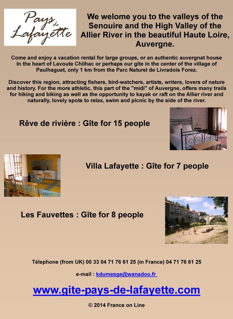 Gite pays de Lafayette,Auvergne,Haute Loire,Senouire,Allier,Lavoute Chilhac,Paulhaguet,Parc Naturel de Livradois Forez,sleeps 15,sleeps 7,sleeps 8,gite,self catering holiday