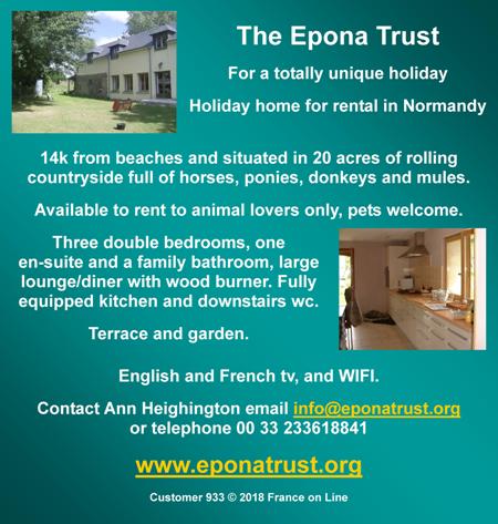 Epona Trust,Normandy,France,holiday home for rent,animal lovers,pets welcome,3 double bedrooms,wifi,english tv,french tv