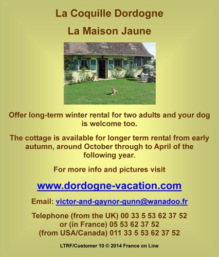 La Coquille,Dordogne,long term winter rental,self catering cottage,dogs welcome