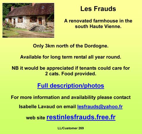 Les Frauds,renovated farm house,Haute Vienne,long term rental all year round,Dordogne border