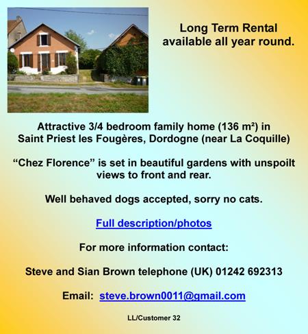 Long term rental available all year round,3/4 bedrooms,Saint Priest les Fougeres, Dordogne,La Coquille
