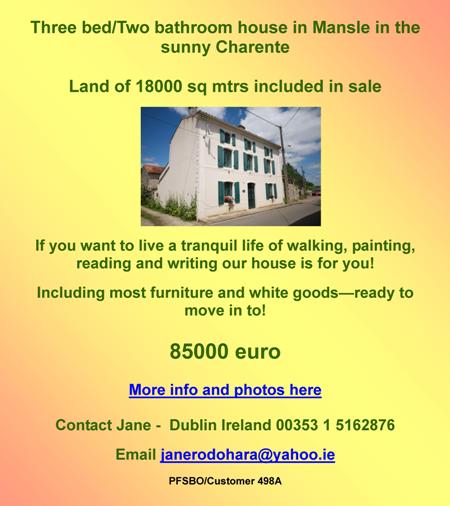 Three bedrooms,two bathrooms,Mansle,Charente,including furniture,white goods