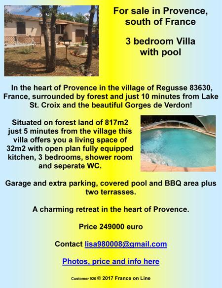 For sale by owner,Provence,south of France,3 bedroom villa,swimming pool,Regusse,83630,Lake St Croix,Gorges de Verdon,249000 euro