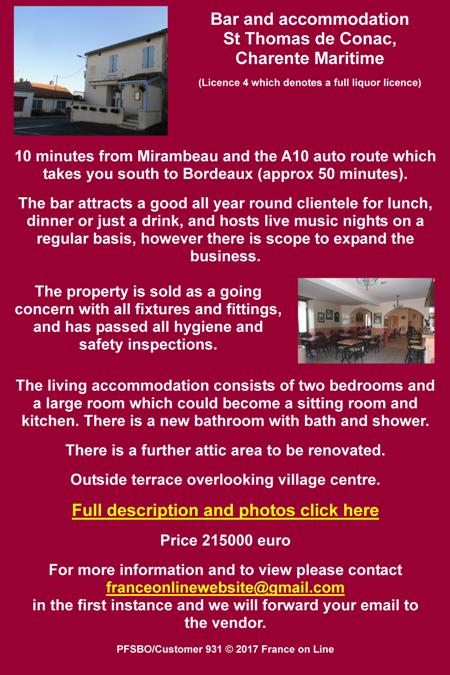 Bar for sale,with accommodation,St Thomas de Conac,Charente Maritime,Mirambeau,Bordeaux,Royan,dinner,drink,business for sale,living accommodation,terrace
