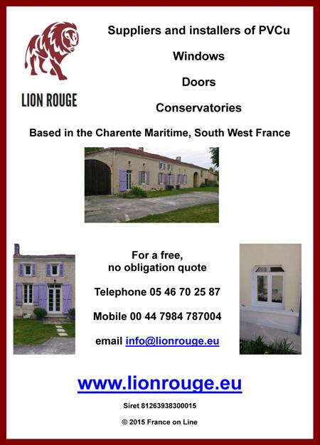 Lion Rouge,suppliers and installers of PVCU,windows,doors,conservatories,Charente Maritime,South West France.English double glazing,English windows and doors