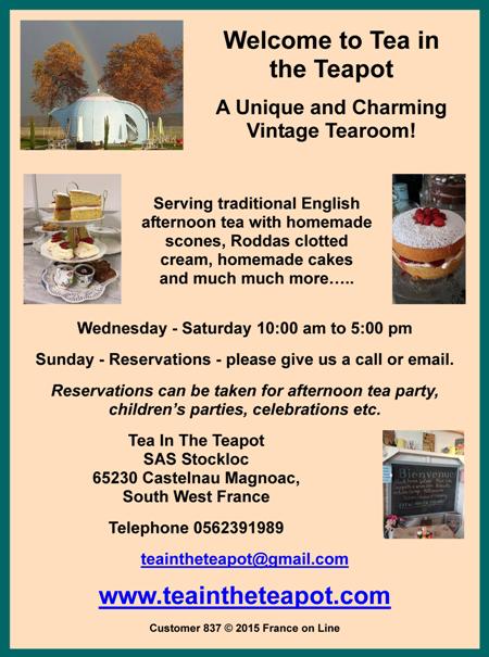 Tea in the Teapot,unique tearoom,English afternoon tea,homemade scones,Roddas clotted cream,homemade cakes,tea party,children's parties,celebrations,Castelnau Magnoac,south west France,Midi Pyrenees