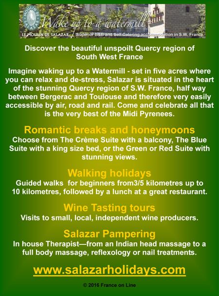 Watermill holiday,Quercy,south west France,Tarn et Garonne,Midi Pyrenees,Bergerac,Toulouse,romantic breaks,honeymoons,walking holidays,wine tasting trous,spa,pampering,Indian head massage,full body massage,reflexology,nail treatment
