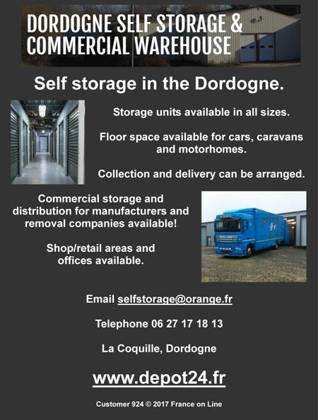 Dordogne self storage,commercial warehouse,self storage,storage units,cars,caravans,motorhomes,collection,delivery,commercial storage,manufacturers,removal companies,shop,retail,offices for rent,La Coquille,depot 24
