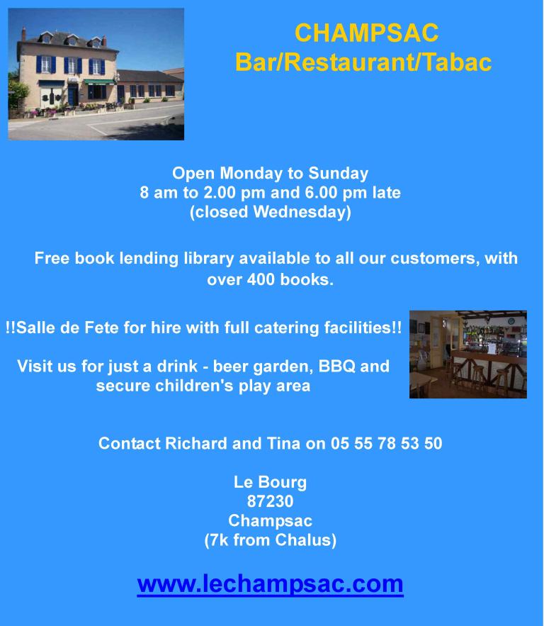 Champsac Bar Restaurant Tabac, Champsac, Haute Vienne, English bar, salle de fete fore hire, beer garden, events