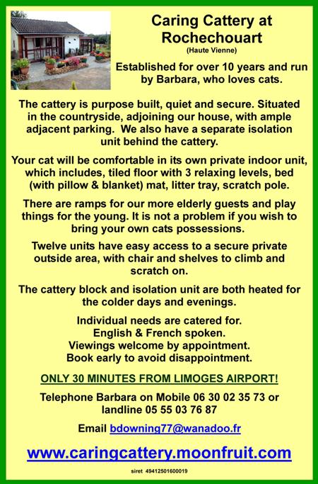 Cattery,Rochechouart,Haute Vienne,Limousin,Dordogne,Charente,English,Limoges airport 30 minutes,heated
